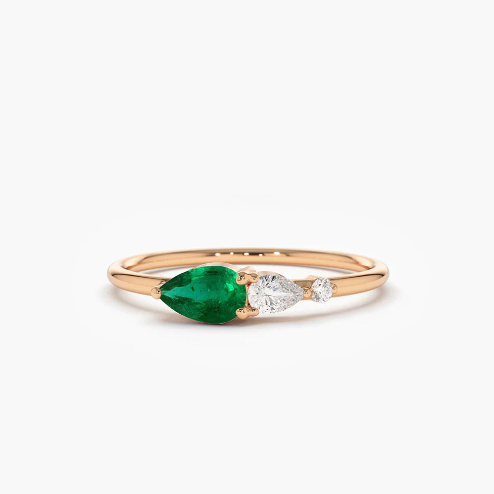 Solid Gold Pear Shape Emerald and Diamond ring