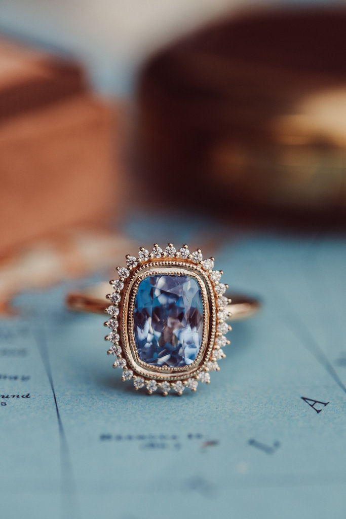 Solid Gold Halo Ring The Nile 3.46 ct Cushion Blue Sapphire with 0.17 ct