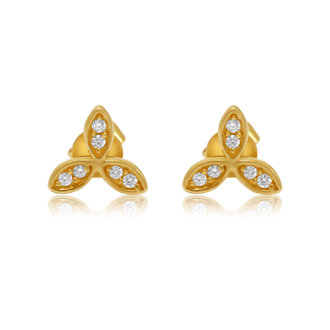 Solid Gold Diamond Triple Leaf Flower Stud Earring