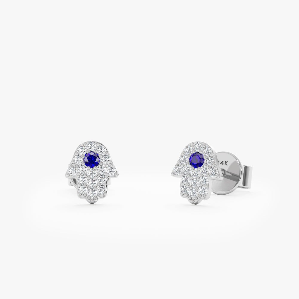Solid Gold Diamond Sapphire Hamsa Studs
