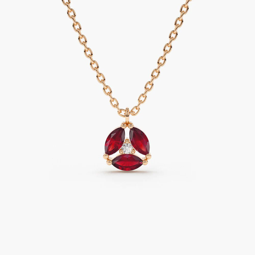 Solid Gold Marquise Ruby Cluster Necklace