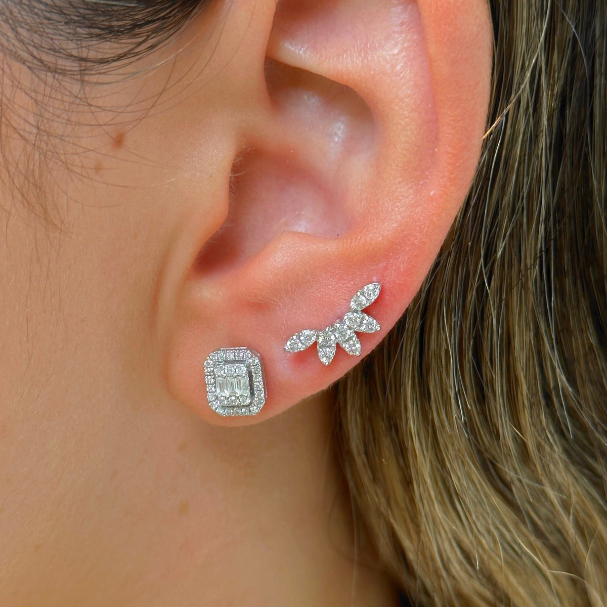 Solid Gold Marquise Illusion Baguette Stud Earring