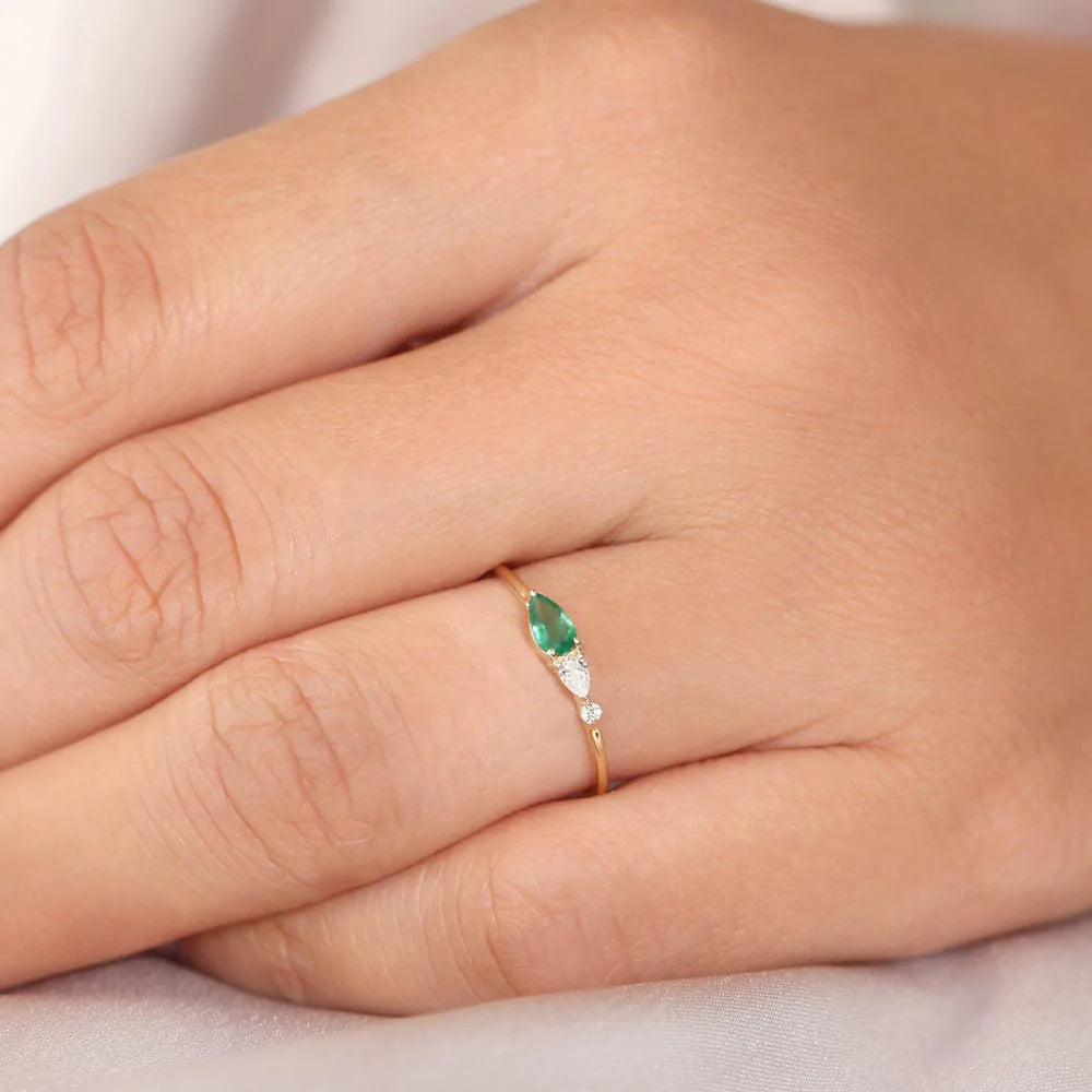 Solid Gold Pear Shape Emerald and Diamond ring