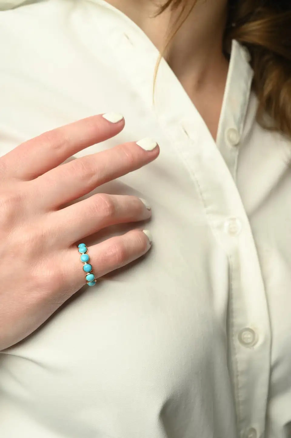 Solid Gold Round Turquoise Half Eternity Band Ring
