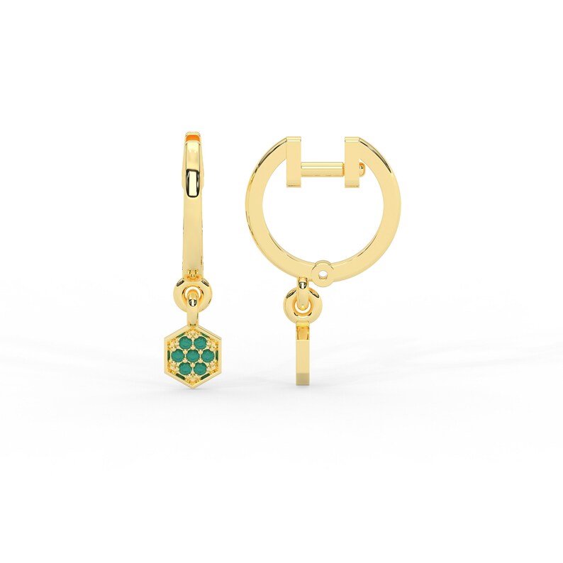Solid Gold Natural Emerald Hoop Earring