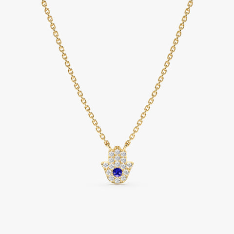 Solid Gold Sapphire & Diamonds Hamsa Necklace (03ECDB)