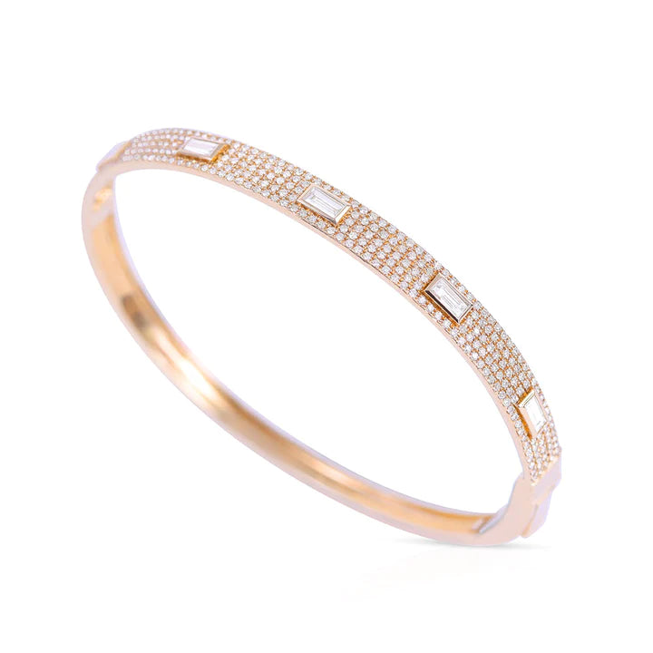 Solid Gold Diamond Pave Bangle With Inset Baguette Diamonds