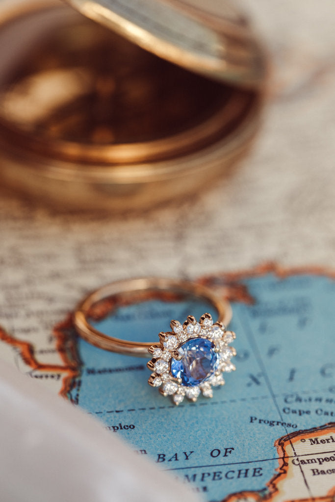 Solid Gold & Diamond Sapphire Halo Ring