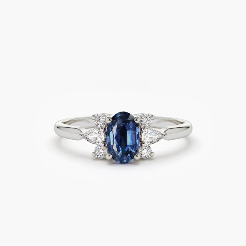 Solid Gold Oval Cut Genuine Sapphire Diamond Ring