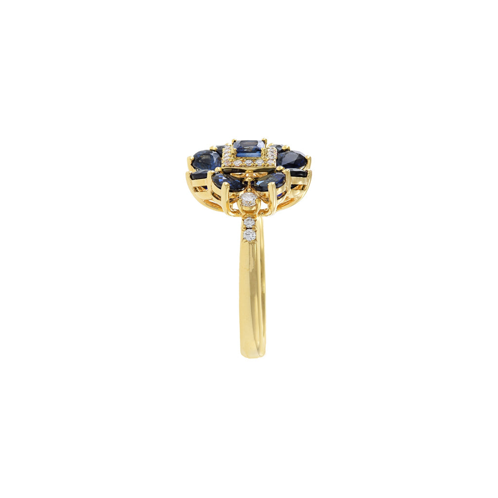 Solid Gold Blue Sapphire And Diamond Flower Ring