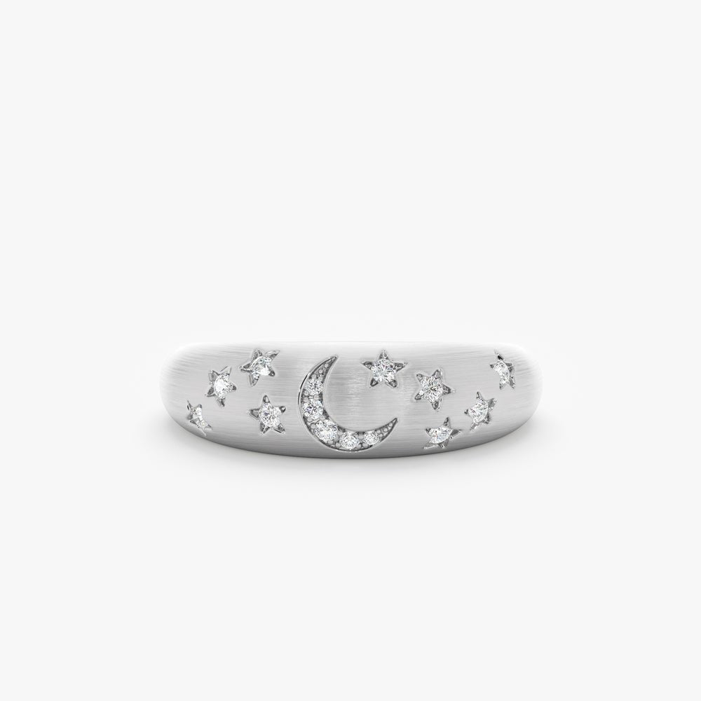 Solid Gold Diamond Moon Star Brushed Dome Ring (4C1F2F)