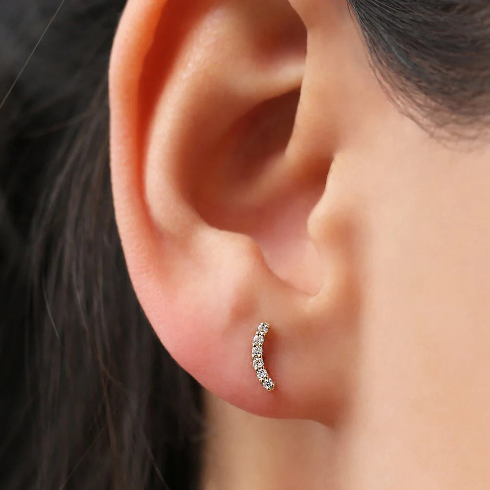 Solid Gold Diamond Curved Bar Stud Earrings