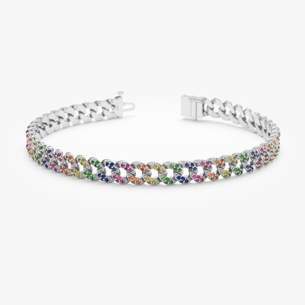 18K Solid Gold Rainbow Sapphire Cuban Chain Bracelet - Style A