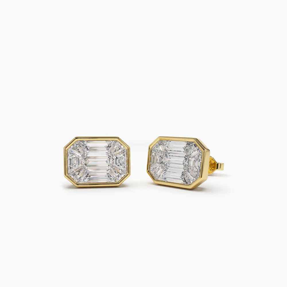 Solid Gold Illusion Setting Step Cut Moissanite Diamond Studs