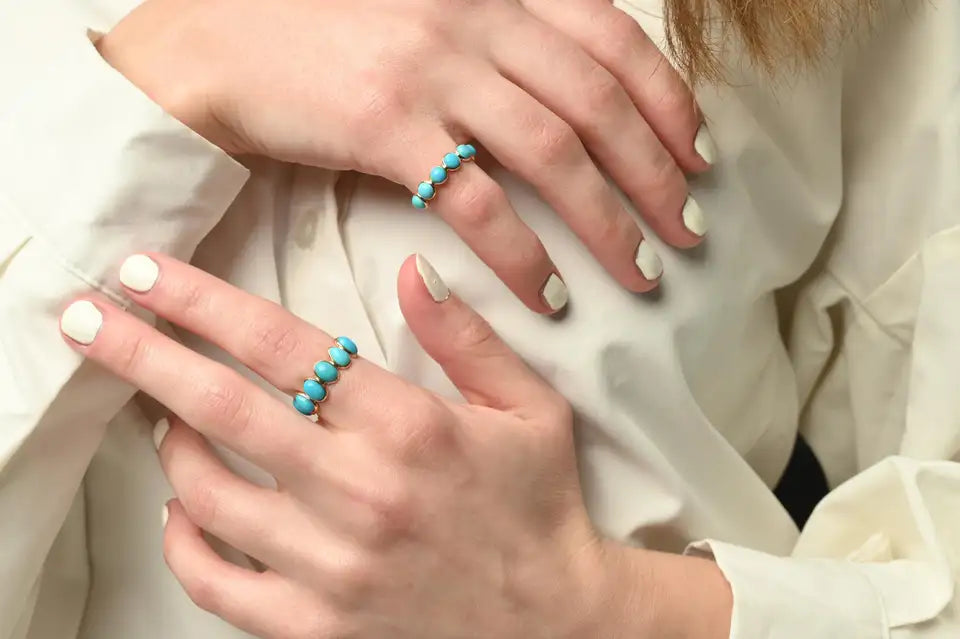 Solid Gold Round Turquoise Half Eternity Band Ring