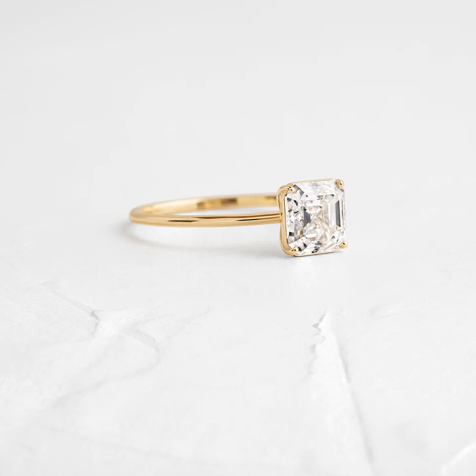 Solid Gold Whisper Ring, 1.5ct. Asscher Cut Diamond Moissanite Ring