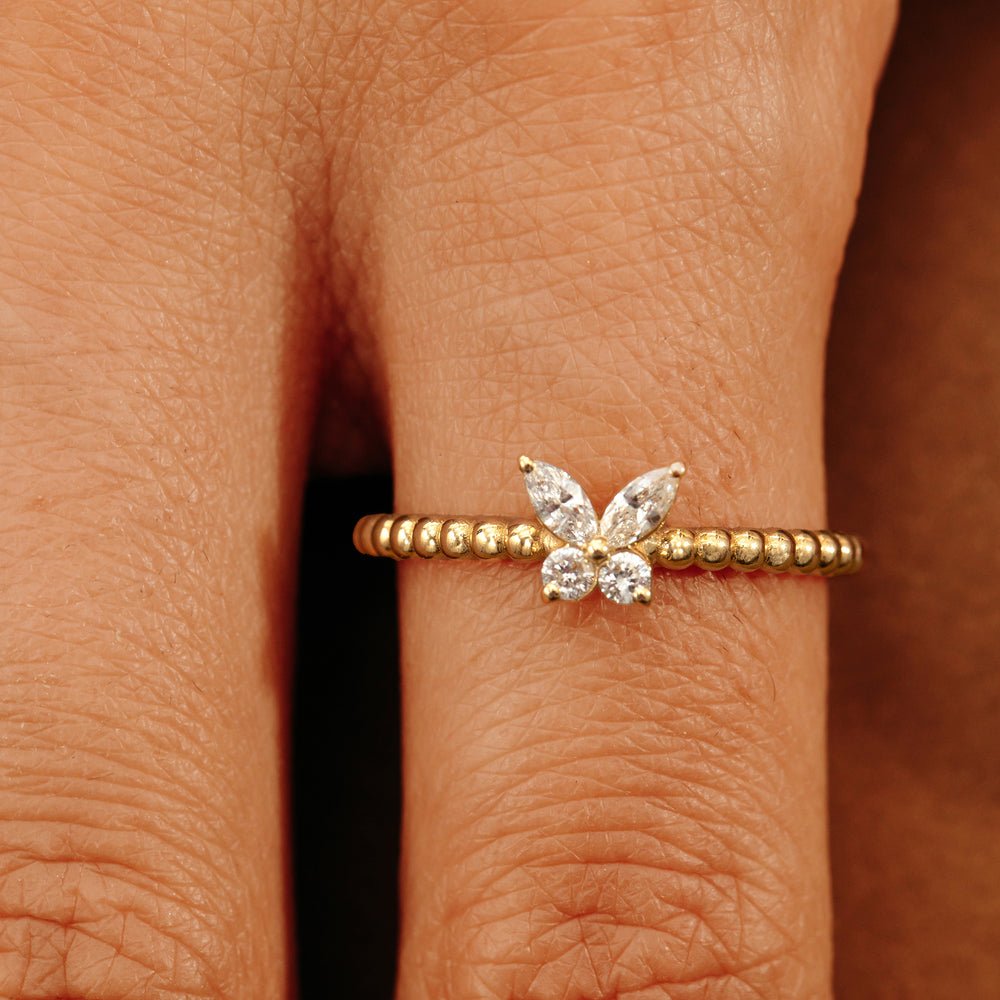 14K Solid Gold Beaded Diamond Butterfly Ring