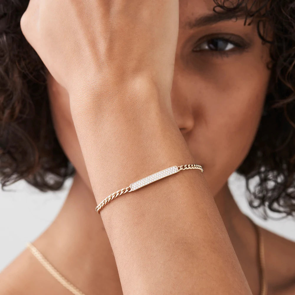 Solid Gold 3MM Curb Link Diamond Pave Bracelet