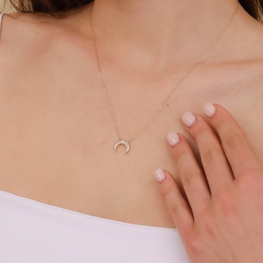Solid Gold Diamond Crescent Horn Necklace (069B00)