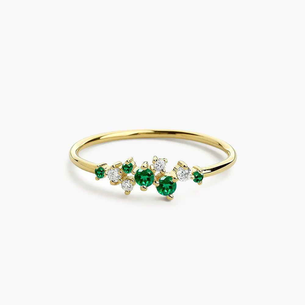 Solid Gold Emerald and Diamond Cluster Ring