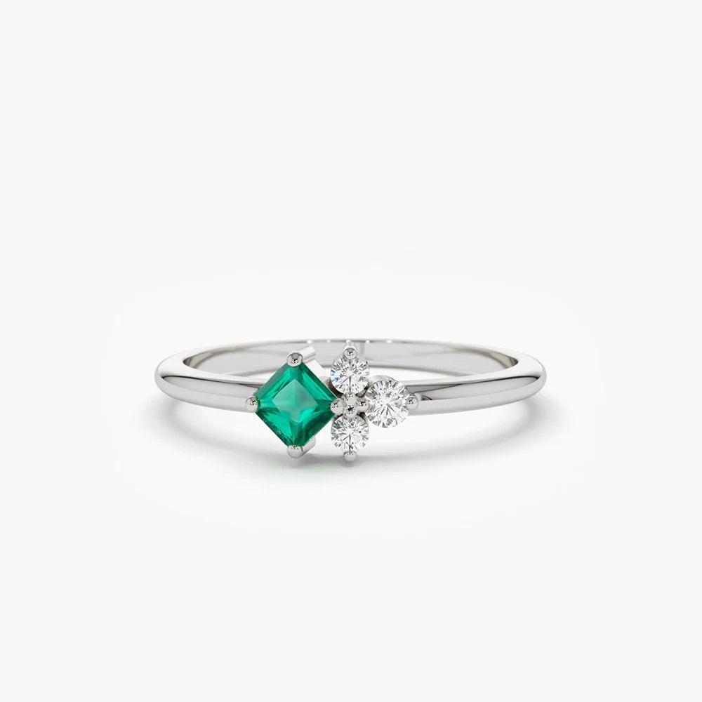 Solid Gold Dainty Princess Cut Emerald and Diamond Ring