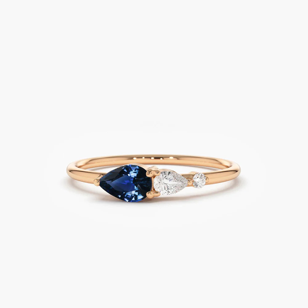Solid Gold Pear Shape Natural Sapphire with Pear Shape Diamond Ring