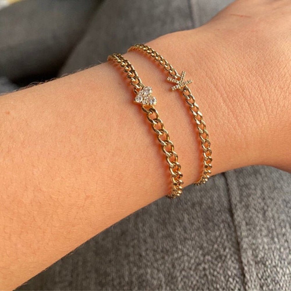 Solid Gold Diamond Initial Cuban Chain Bracelet