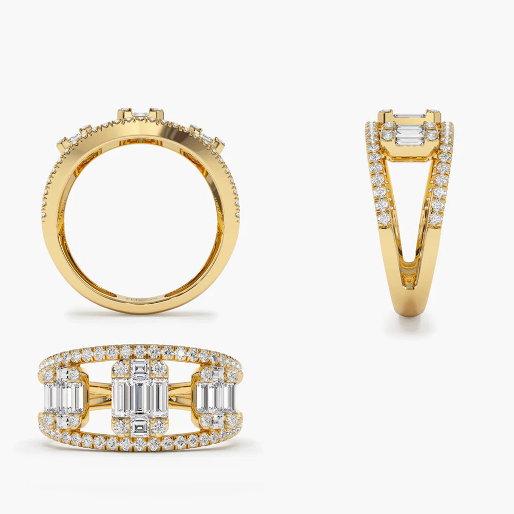 Solid Gold Baguette and Round Diamond Illusion Setting Cocktail Ring