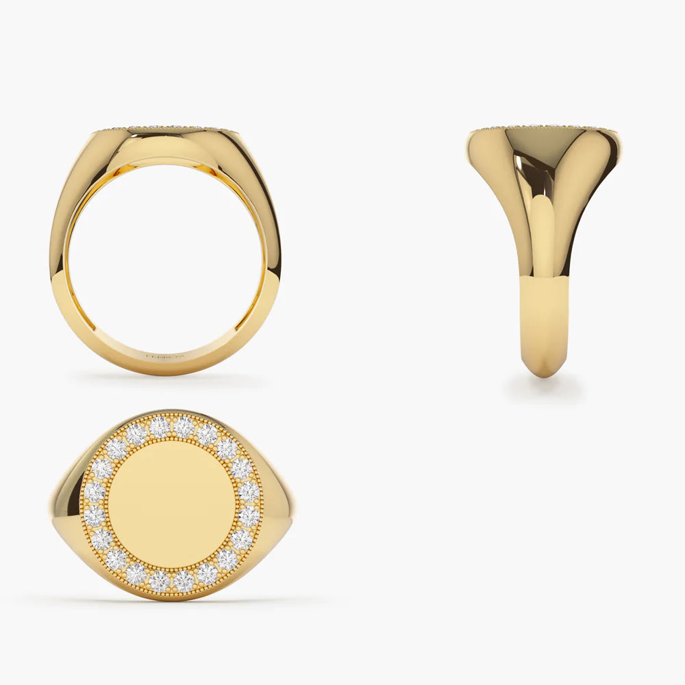 Solid Gold Diamond Round Signet Ring