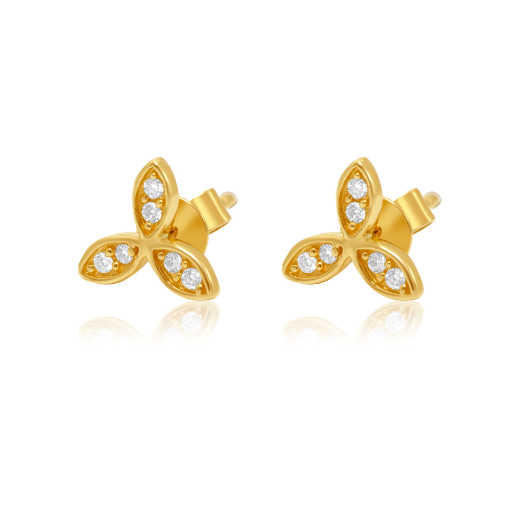 Solid Gold Diamond Triple Leaf Flower Stud Earring