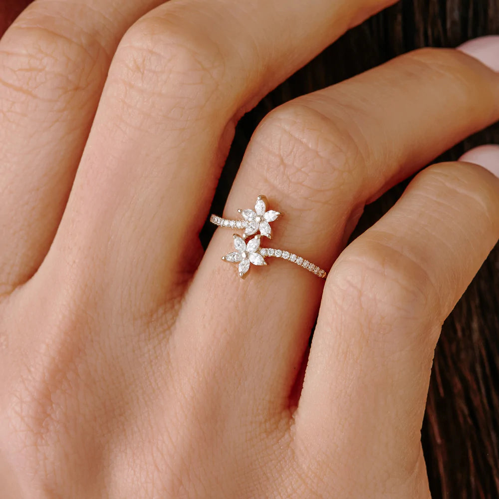 Solid Gold Marquise Diamond Flower Bypass Ring