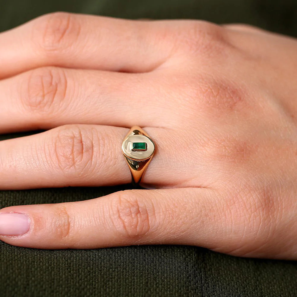 Solid Gold Baguette Emerald Signet Ring