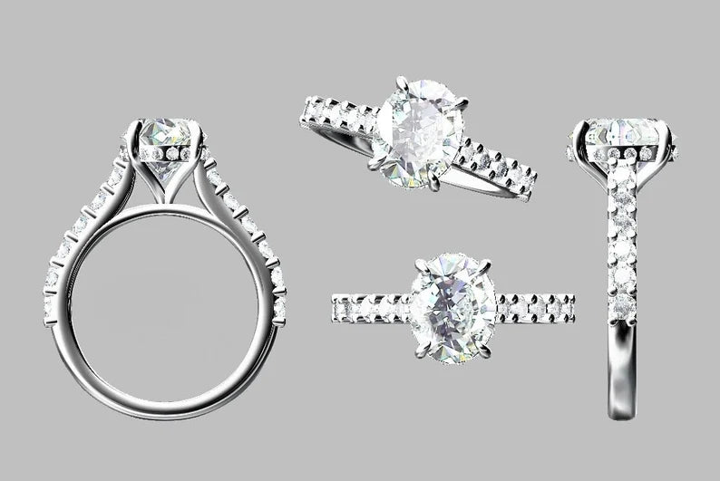 Solid Gold 3 Carat Brilliant Oval Cut Moissanite Pave Engagement Ring