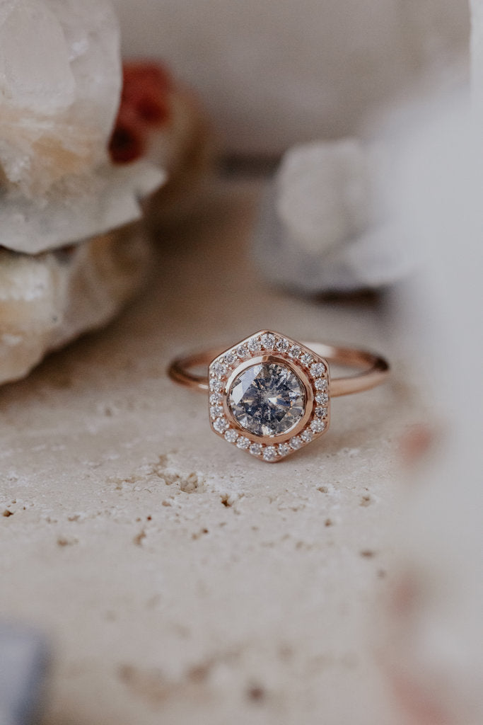 Solid Gold 1.11 ct Round Galaxy Diamond Hexagon Halo Ring