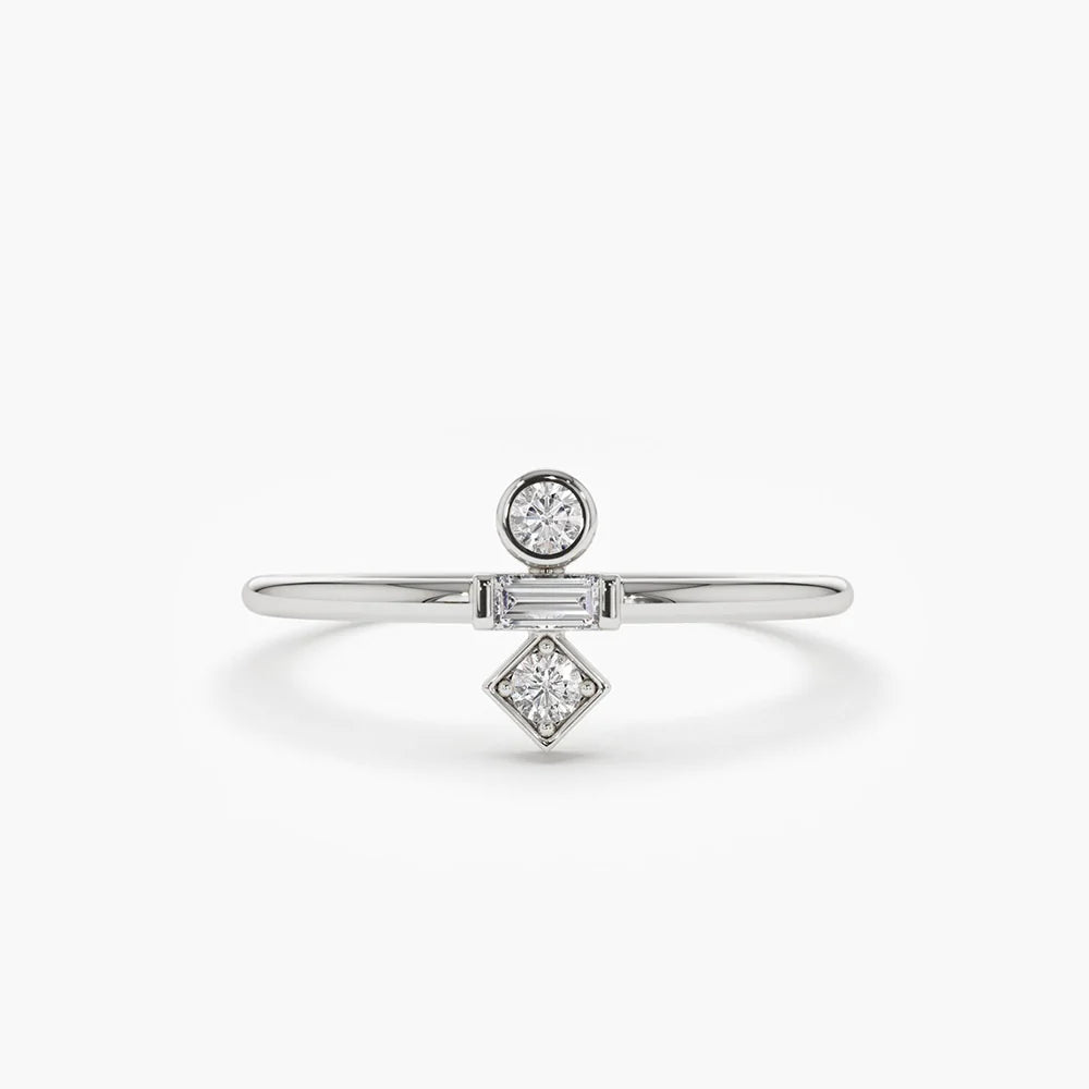 Solid Gold Baguette and Round Cut Diamond Ring