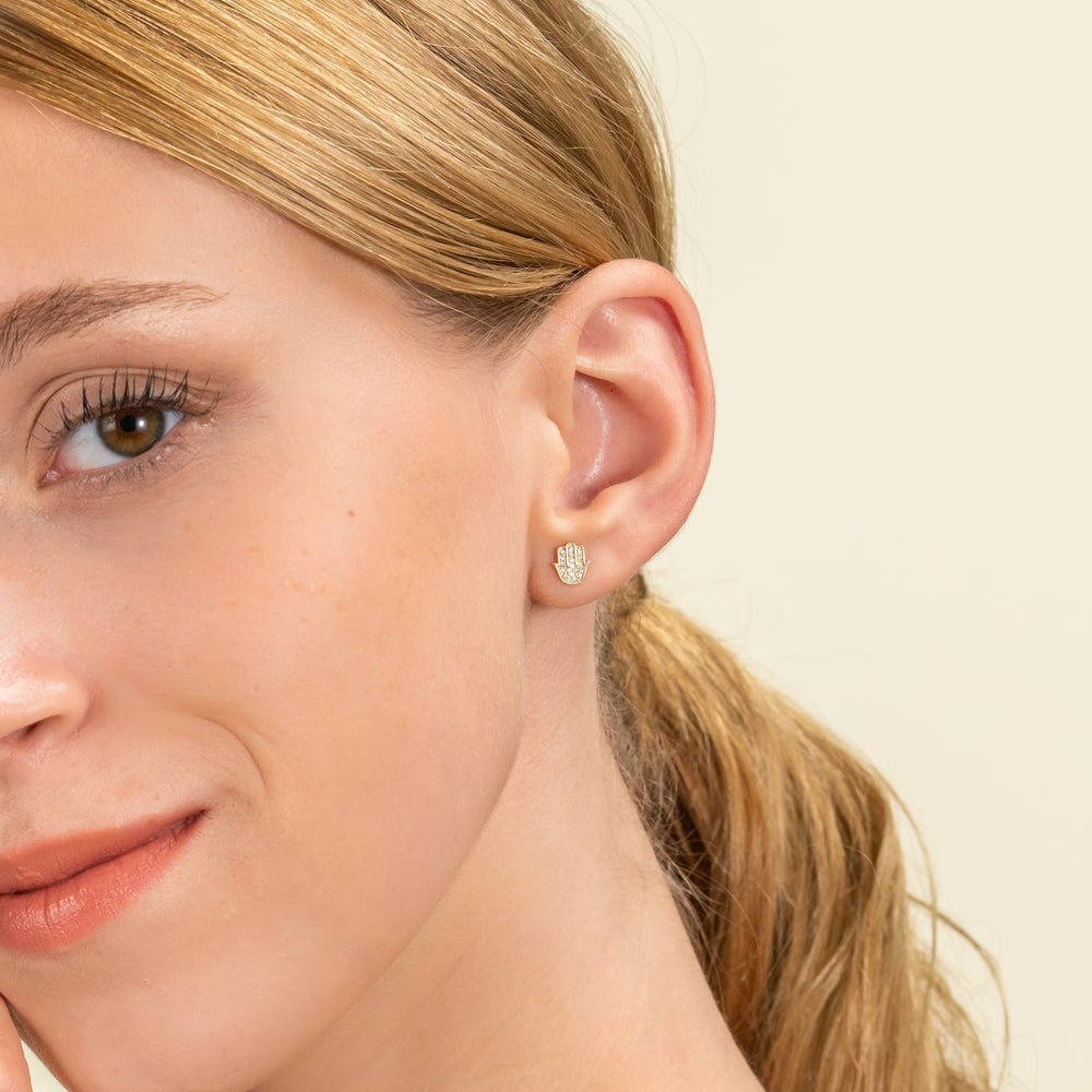 Solid Gold Diamond Hamsa Stud Earrings