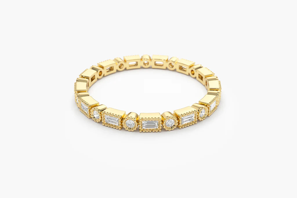 Solid Gold Baguette & Round Diamond Milgrain Bezel Full Eternity Ring
