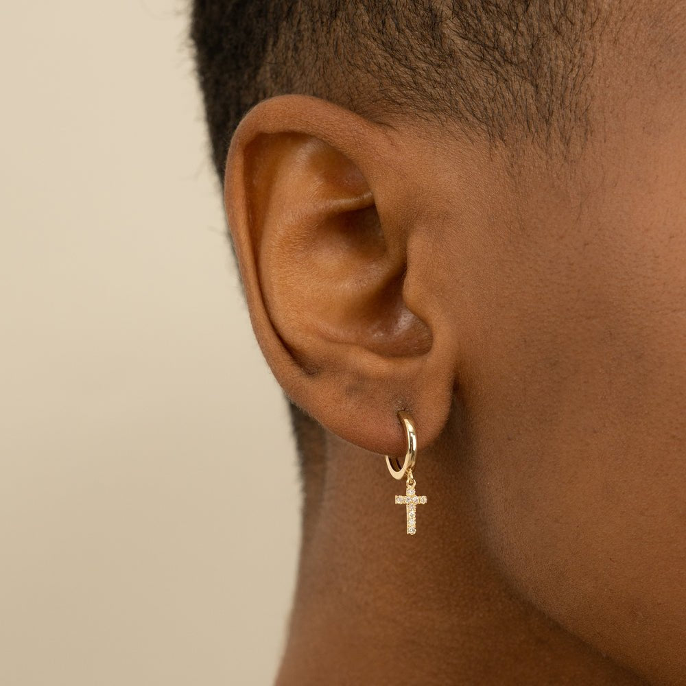 Solid Gold Diamond Paved Cross Huggies