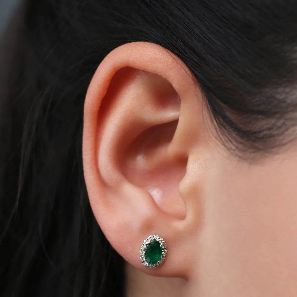 Solid Gold Oval Cut Emerald & Lab-Grown Diamond Earrings