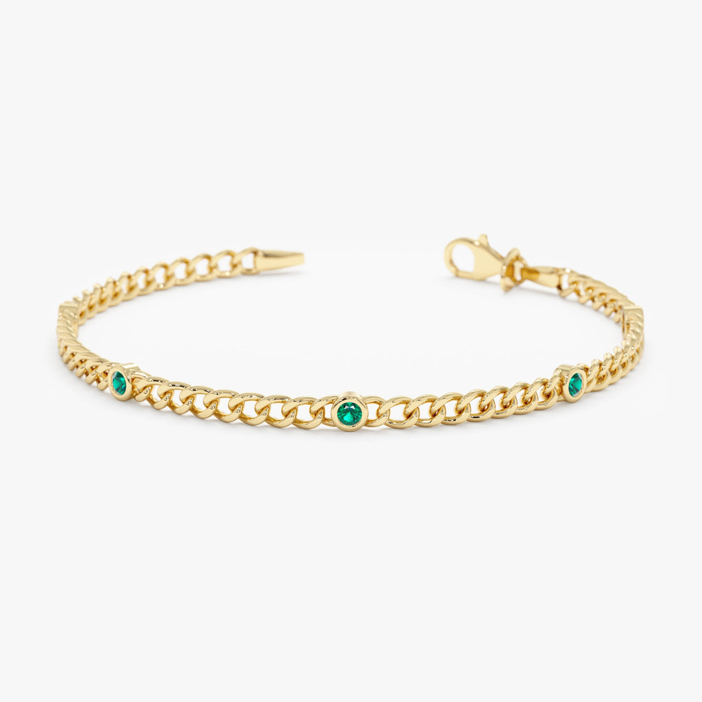 Solid Gold Emerald Cuban Chain Station Bracelet