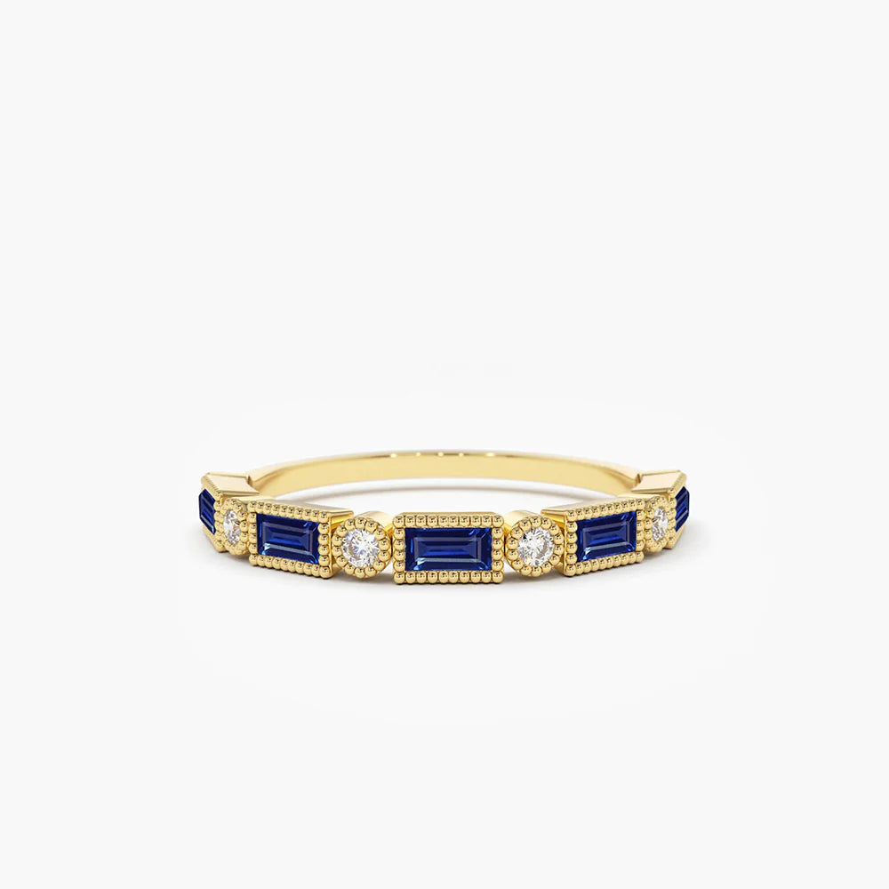 Solid Gold Sapphire Baguette and Diamond Ring (0324D0)