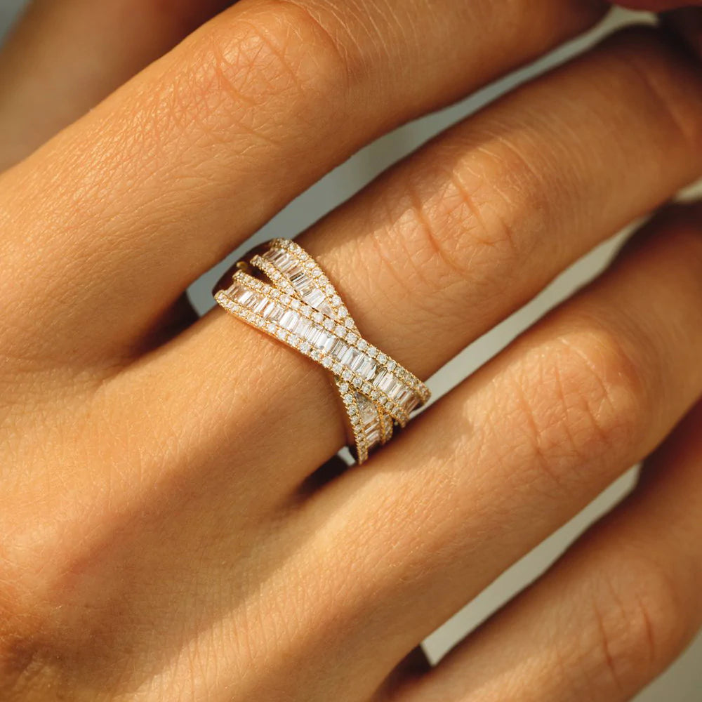 Solid Gold Baguette Diamond Crossover Ring