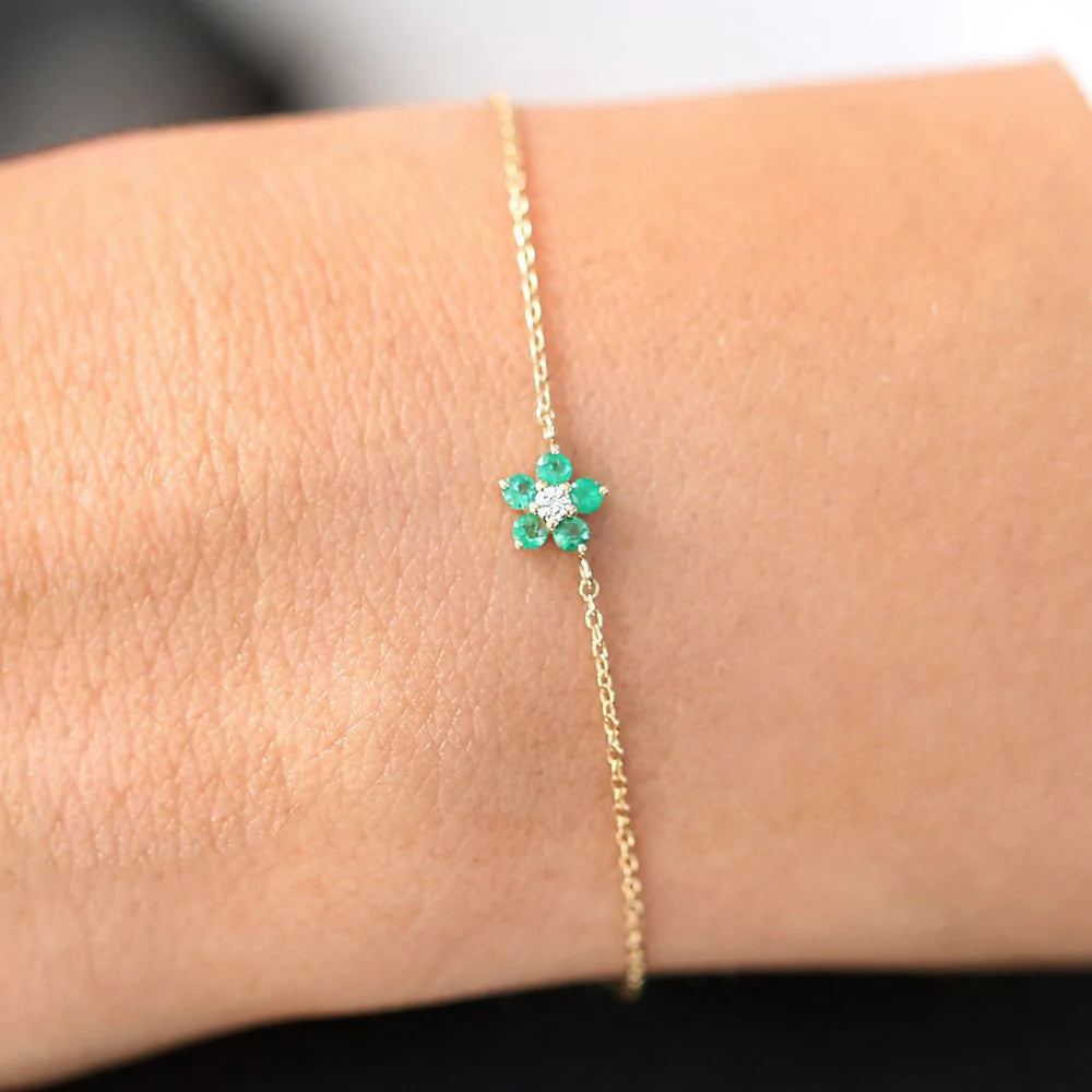Solid Gold Emerald and Diamond Flower Charm Bracelet