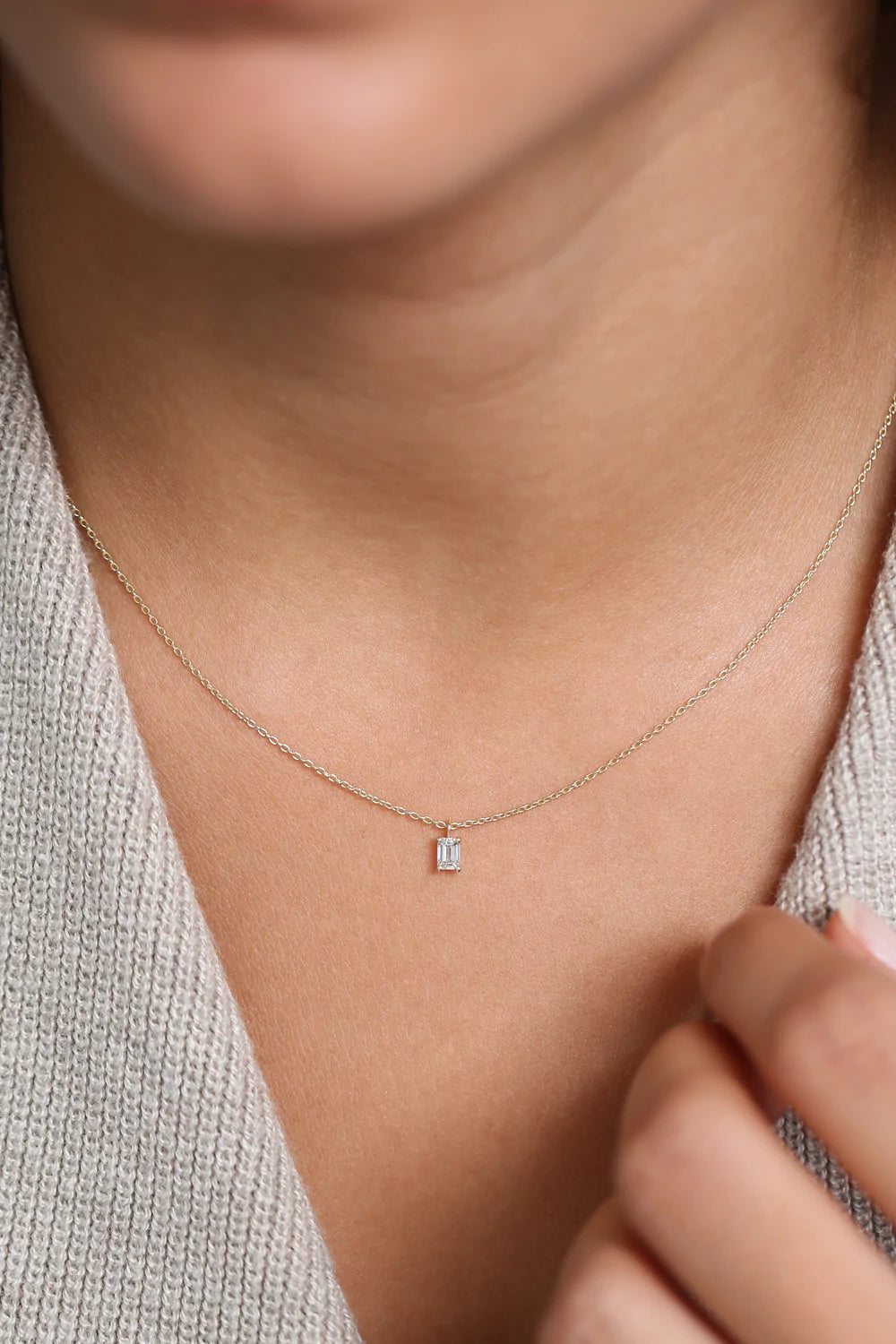 Solid Gold Emerald Cut Diamond Solitaire Necklace