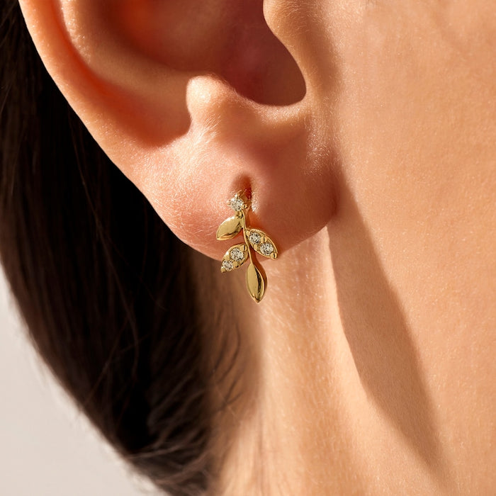 Solid Gold Diamond Leaf Gold Earring