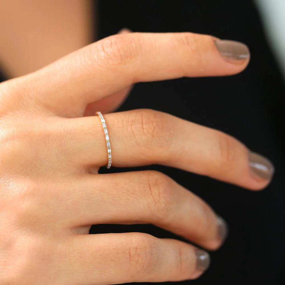 Solid Gold Ultra Thin Half Eternity Baguette Diamond Stackable Ring