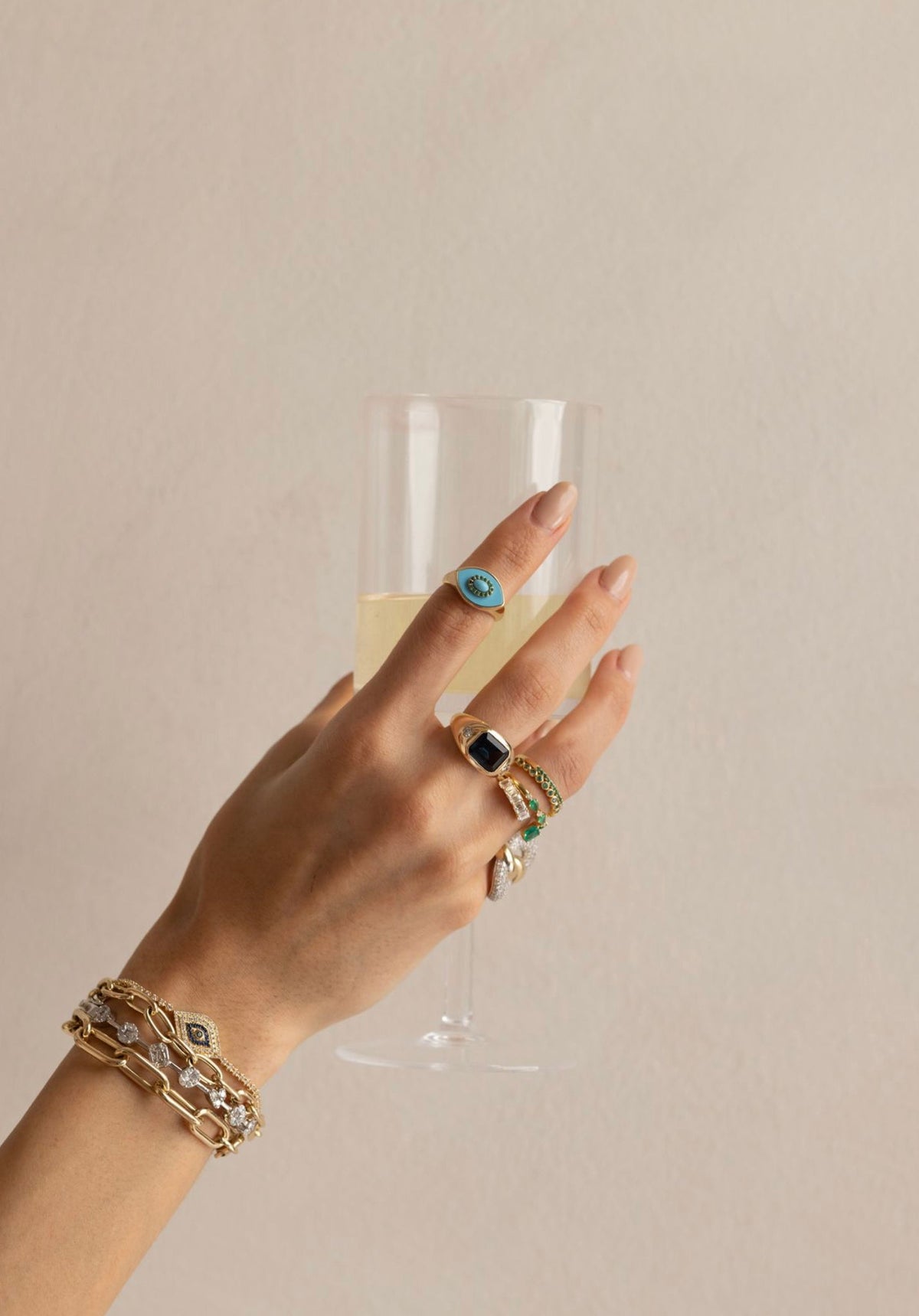 Solid Gold Turquoise Emerald Evil Eye Ring (DC5E01)