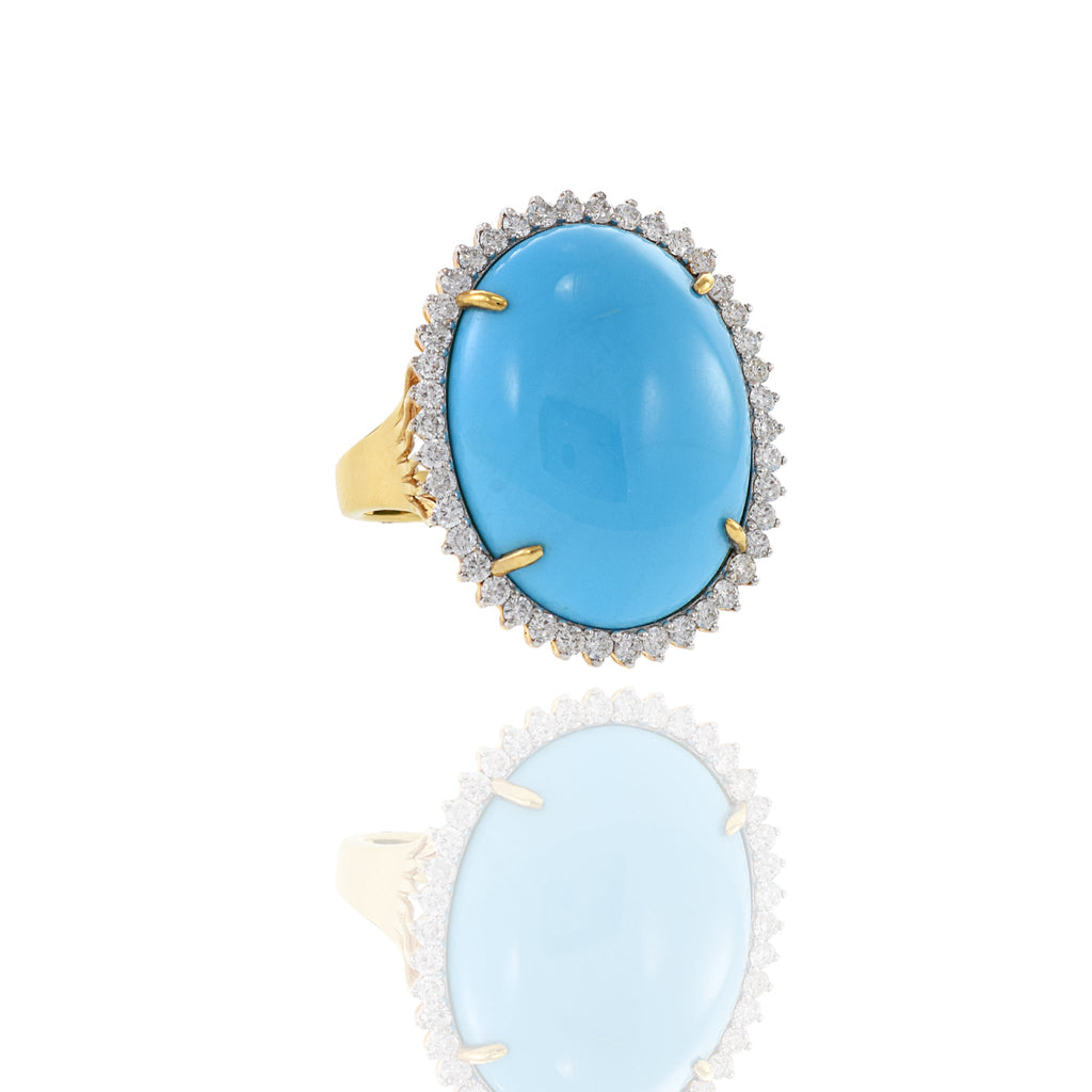 Solid Gold Natural Sleeping Beauty Turquoise Ring with Diamonds - (666EF9)