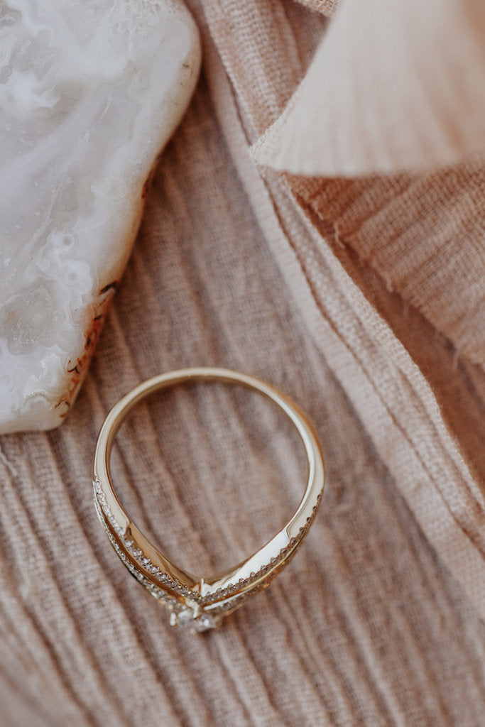 Solid Gold Double Row Pave Tracer with Princess Cut Diamond Band