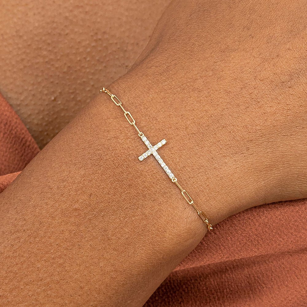 Solid Gold Diamond Cross Paperclip Chain Bracelet